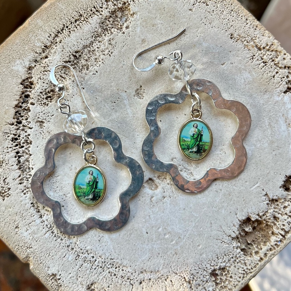 SOLD St. Jude Hammered Silver Dangle Earrings - Picture 16 of 16